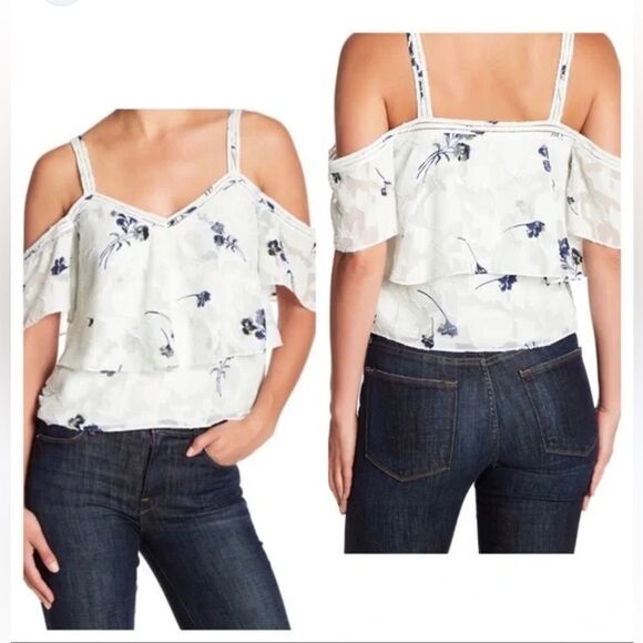 Lucky Brand Pale Blue Navy Blue Floral Print Cold Shoulder Flowy Romantic Blouse - Picture 1 of 14